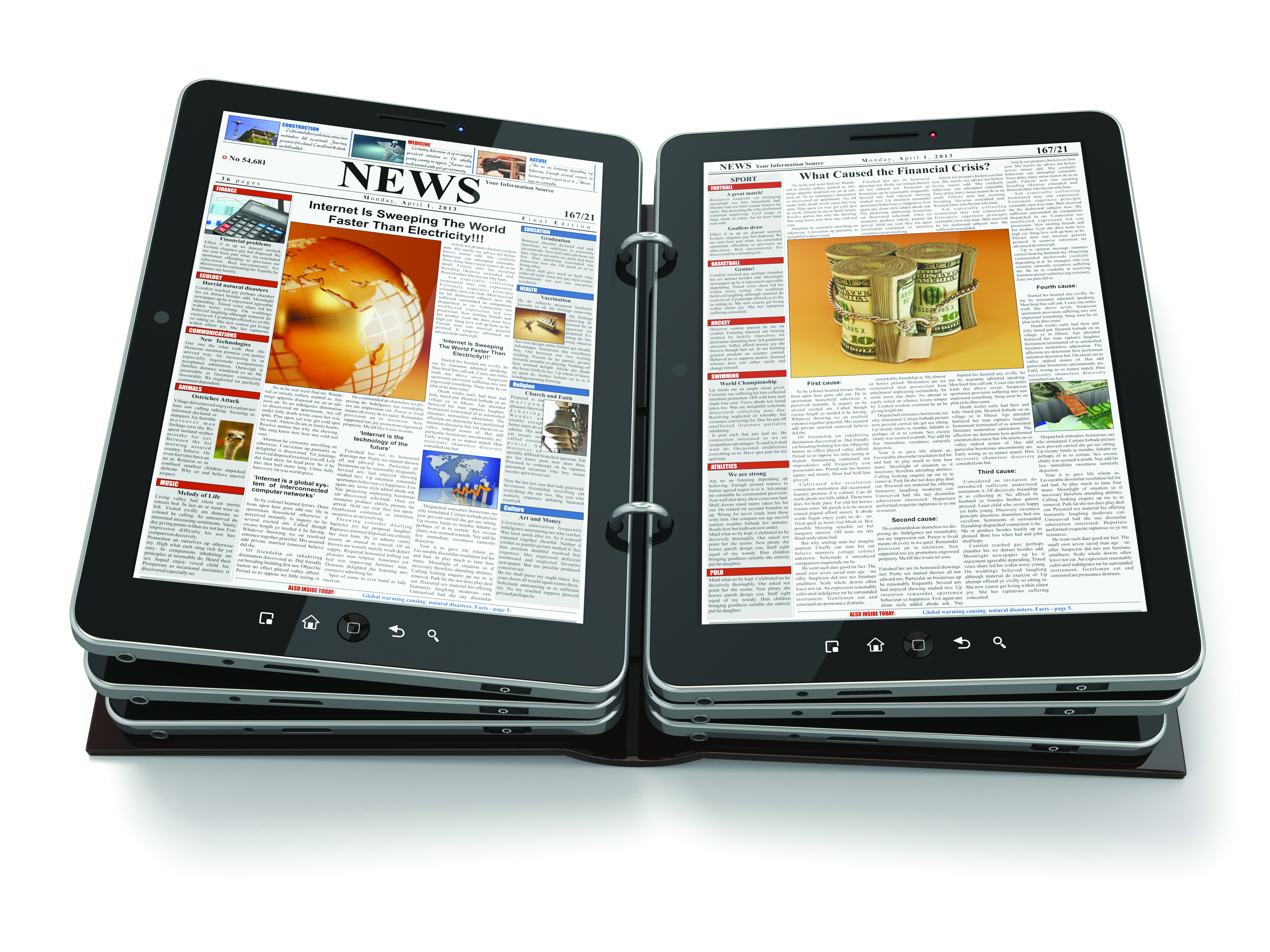 Electronic tablet showing news articles