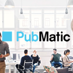 Group shot of people collaborating in an office setting. The PubMatic logo is shown