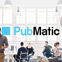 Group shot of people collaborating in an office setting. The PubMatic logo is shown