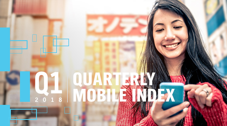 A woman looking down at her cell phone and walking through a city. The text "Q1 2018 | Quarterly Mobile Index" and blue rectangles are placed over the image