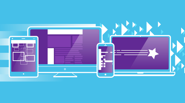 An illustrated graphic of a tablet, desktop, mobile phone, and laptop with a blue background and a purple screen on each device.