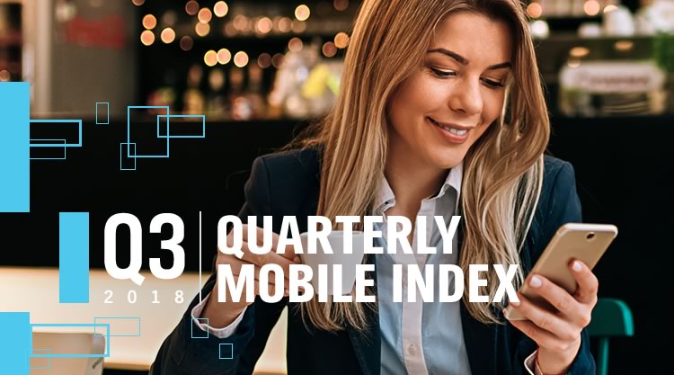 A woman looking at her cell phone and drinking from an espresso in front of a bar with the text " Q3 2018 | Quarterly Mobile Index" and blue text boxes placed over it