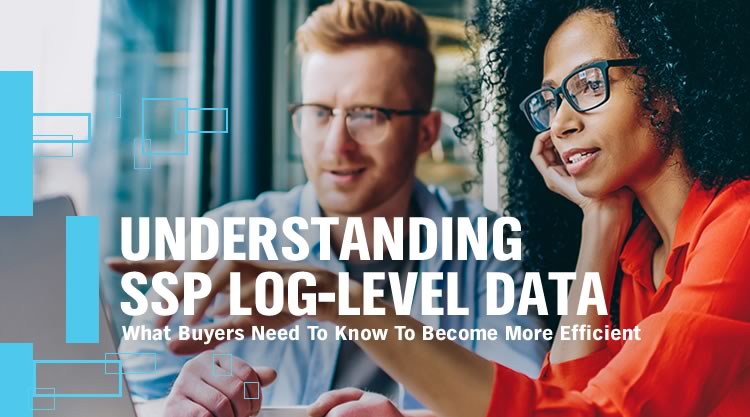 An adult woman looking at and pointing towards the laptop placed next to her. There is a man seated beside her and they are both inside a building. The text "Understanding SSP Log-Level Data What Buyers Need To Know To Become More Efficient" and blue rectangles over the image