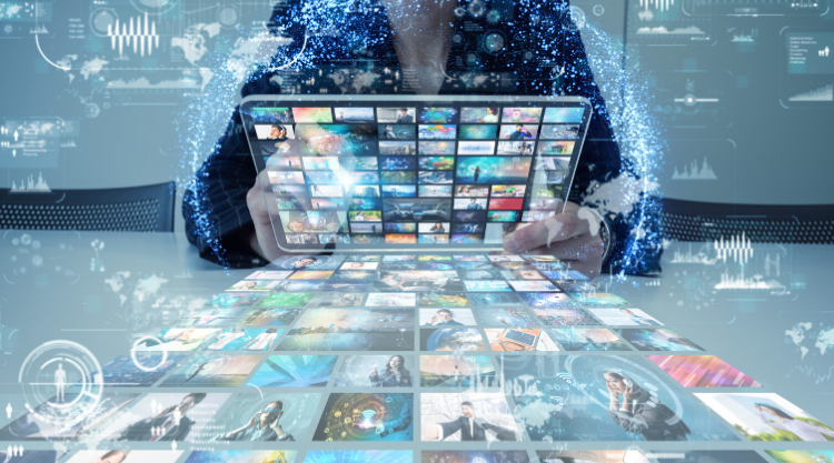 A graphic of a woman holding a tablet filled with numerous screens