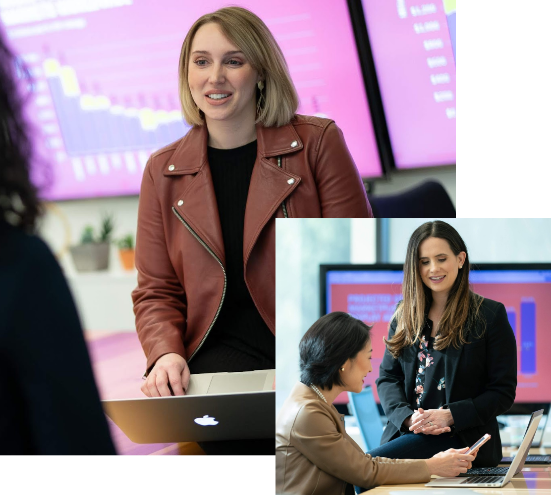 Image of an adult woman in an office and standing with a laptop in hand. There is also a smaller image of an older adult woman sitting on a desk with a younger smiling woman holding a cell phone in front of an open laptop