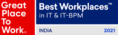 Red background with white text "Great Place To Work". A blue rectangle to it's right with white text "Best Workplaces in IT & IT-BPM". With a grey rectangle below it with blue text "India 2021"