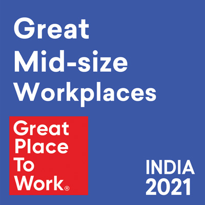 Blue background with white text that states " Great Mid-size Workplaces ". There's a red square in the bottom left corner with white text that states " Great Place To Work". There's white text in the bottom right corner that states " India 2021"