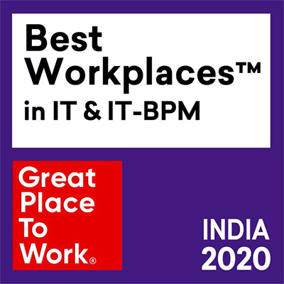 Purple background with a white rectangle above it and black text that states "Best Workplaces ™ in IT & IT-BPM". There's a red pentagon below it with white text that states "Great Place To Work" within it and the text "India 2020" across from it