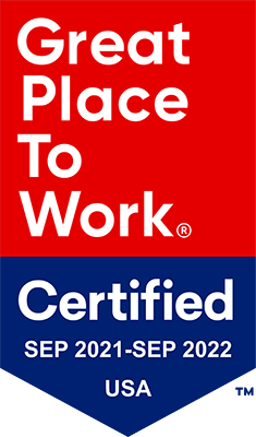 Red background with white text "Great Place To Work". A blue pentagon below it with white text "Certified Sep 2021- Sep 2022 USA"