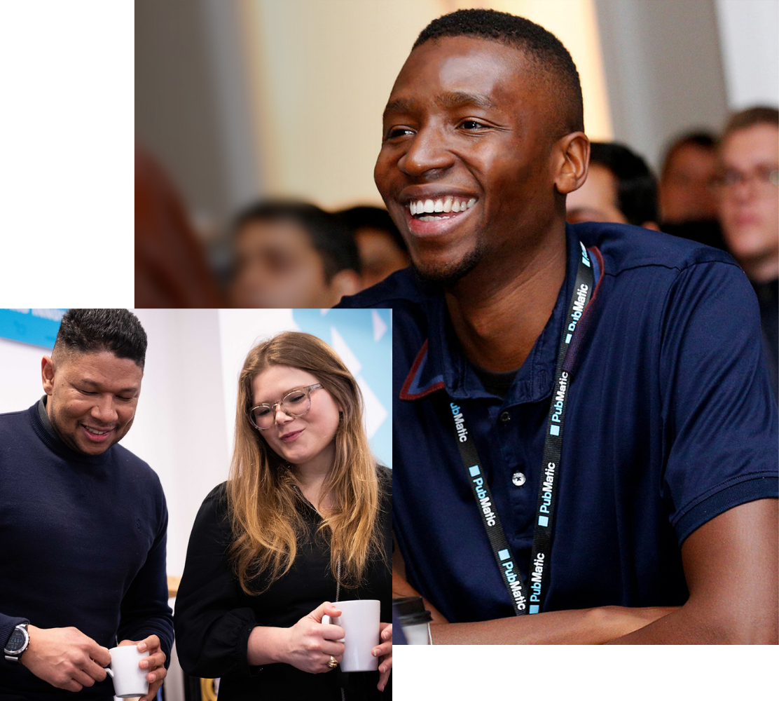 A large photo of a smiling young man wearing a PubMatic lanyard with five blurred out men behind him. There is also a smaller image over it with a smiling adult man looking down and holding a mug next to a smiling younger adult woman holding a mug and looking down.