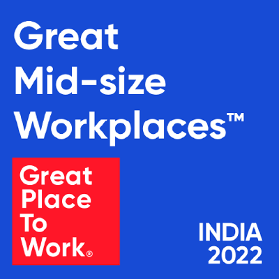 Blue background with white text that states " Great Mid-size Workplaces ". There's a red square in the bottom left corner with white text that states " Great Place To Work". There's white text in the bottom right corner that states " India 2022"