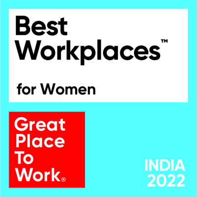 Cyan background with a white rectangle with the text " Best Workplaces for Woman" . There is also a red box with the text " Great Place to Work". In the bottom right corner there's white text that state " India 2022