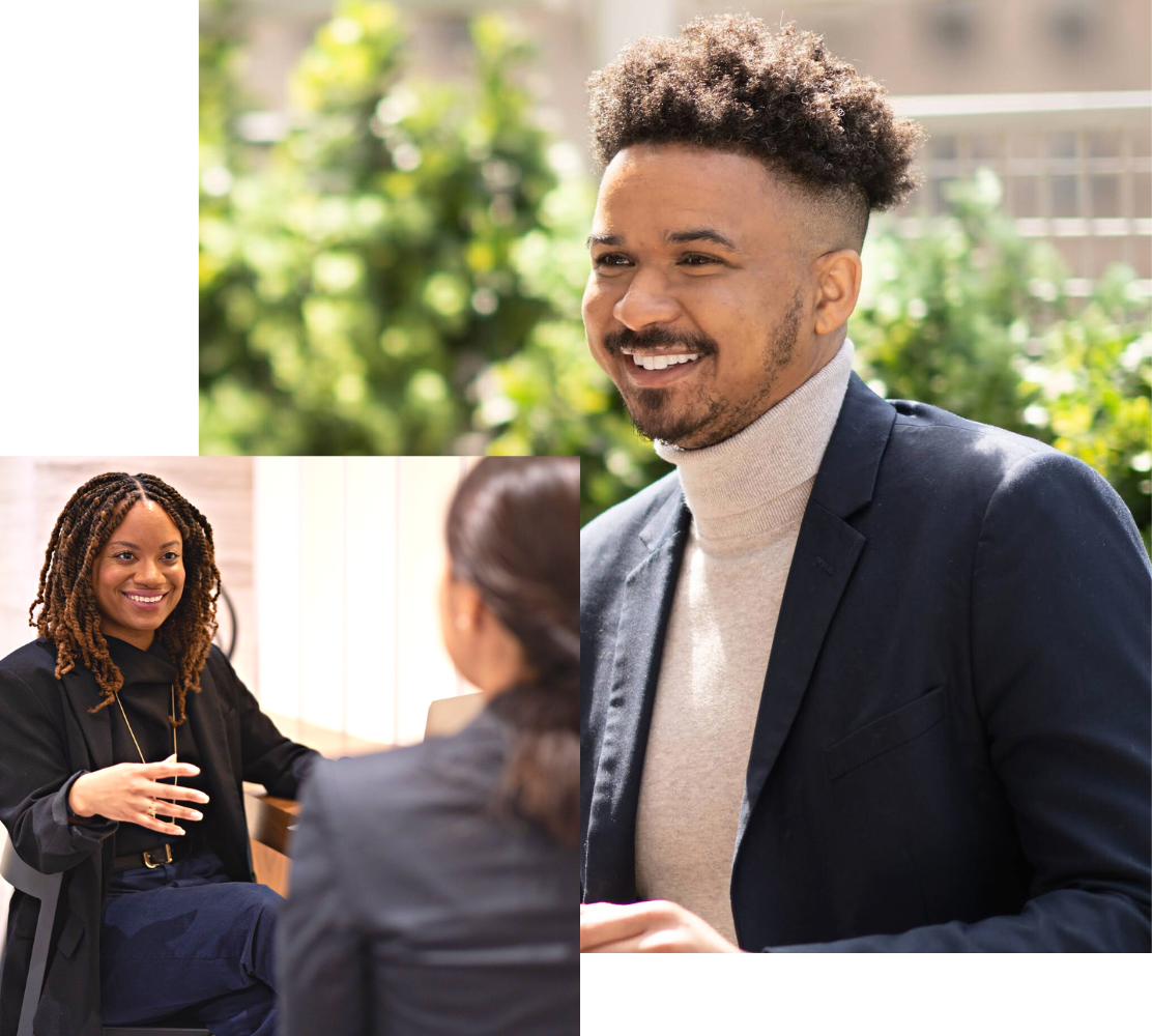 A large photo of a smiling young man outdoor. There is also a smaller image is in the bottom left corner of two adult women discussing the project strategy.