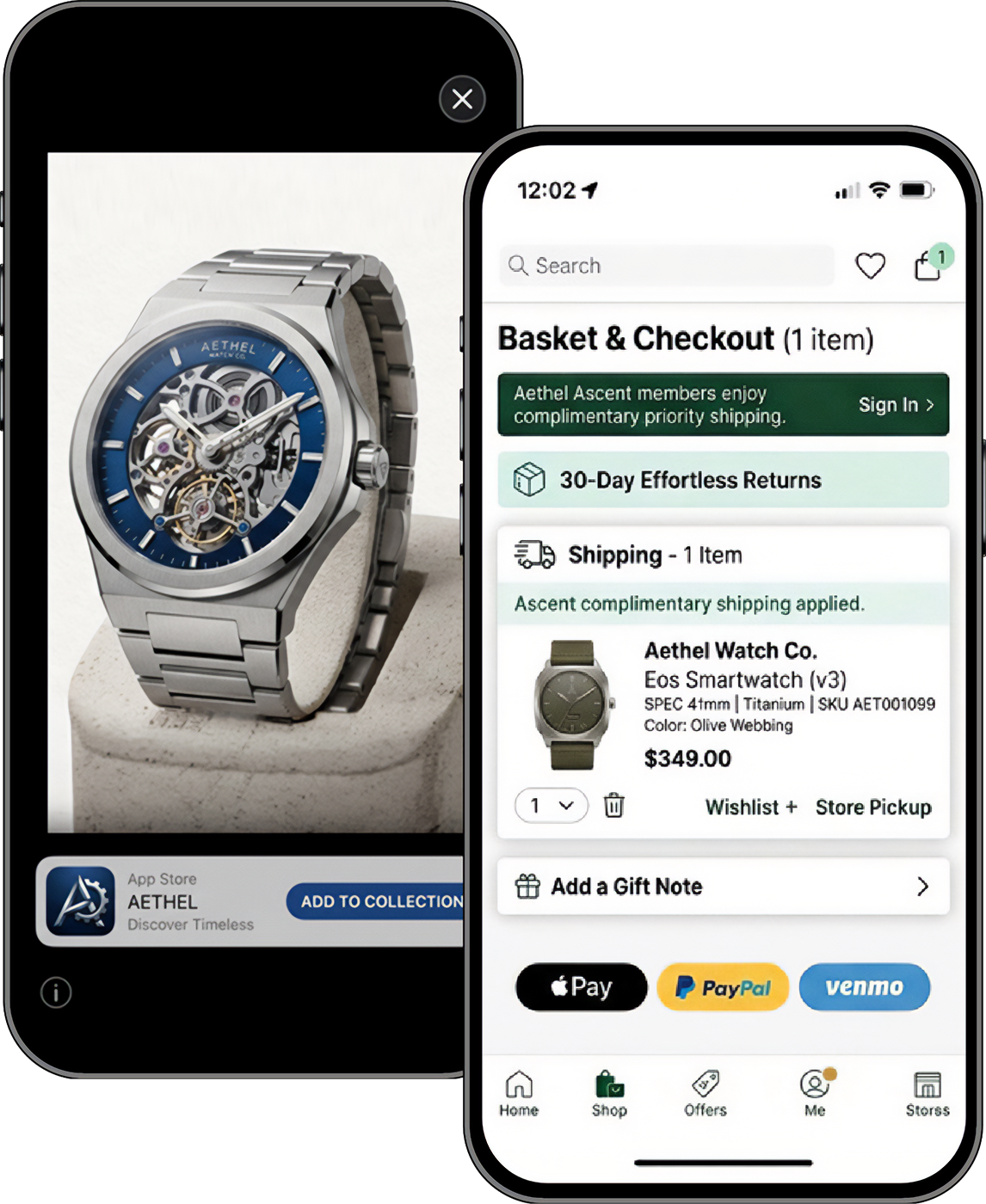Two mobile smartphone screens side-by-side, illustrating a seamless "click-to-cart" user experience for a luxury watch brand