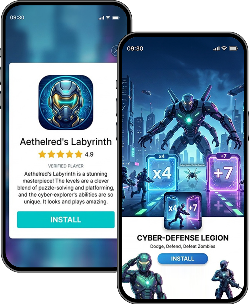 Two mobile smartphone screens displaying different types of end cards for mobile game advertisements
