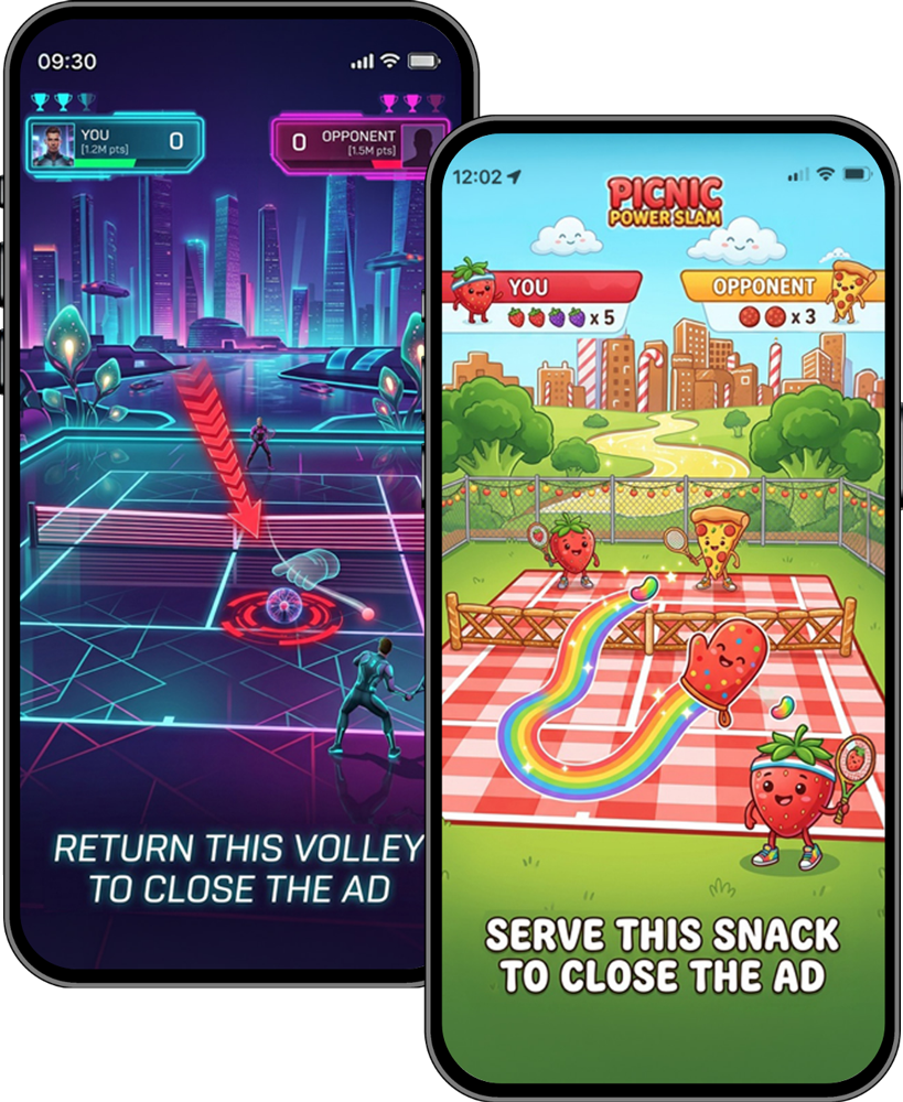Two mobile smartphone screens illustrating interactive, playable ad mechanics that use engagement as a requirement to exit or finish the advertisement.