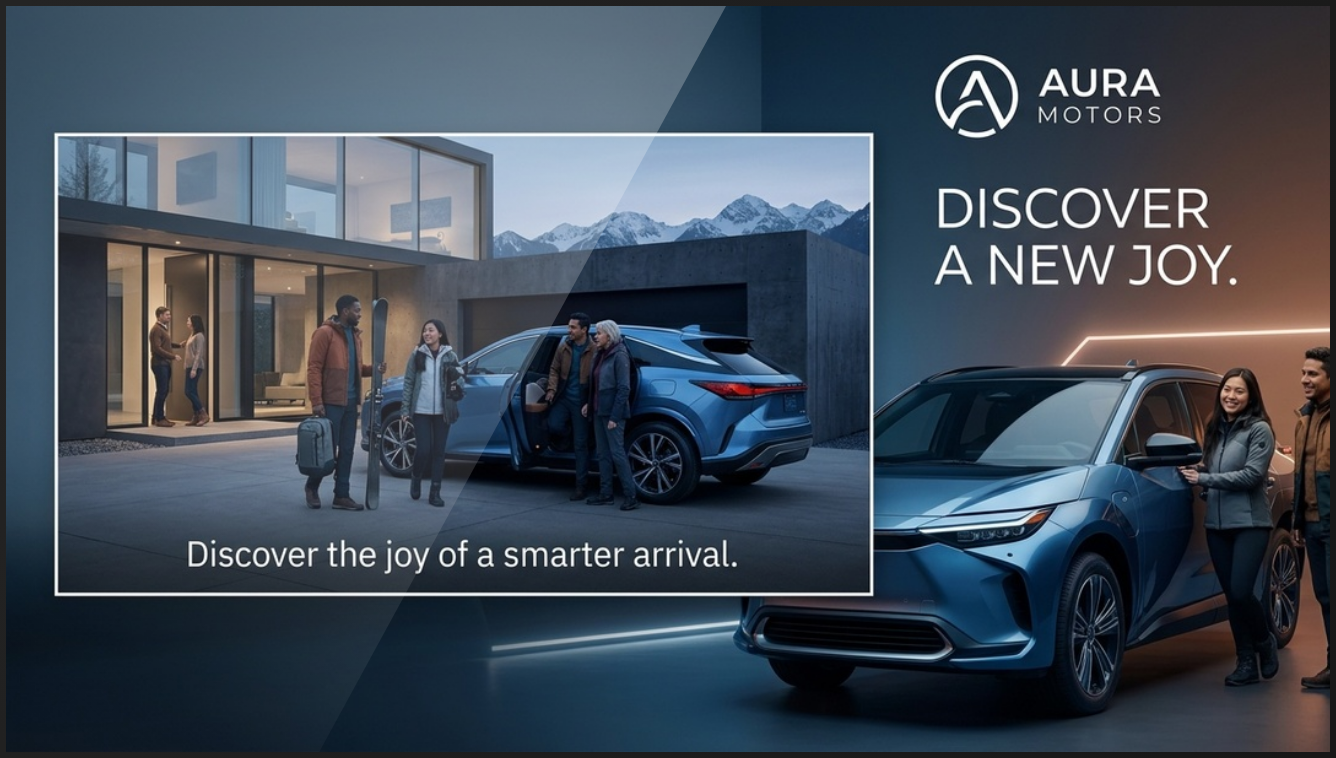 A high-end automotive advertisement for Aura Motors, focusing on lifestyle integration and "smart" luxury.