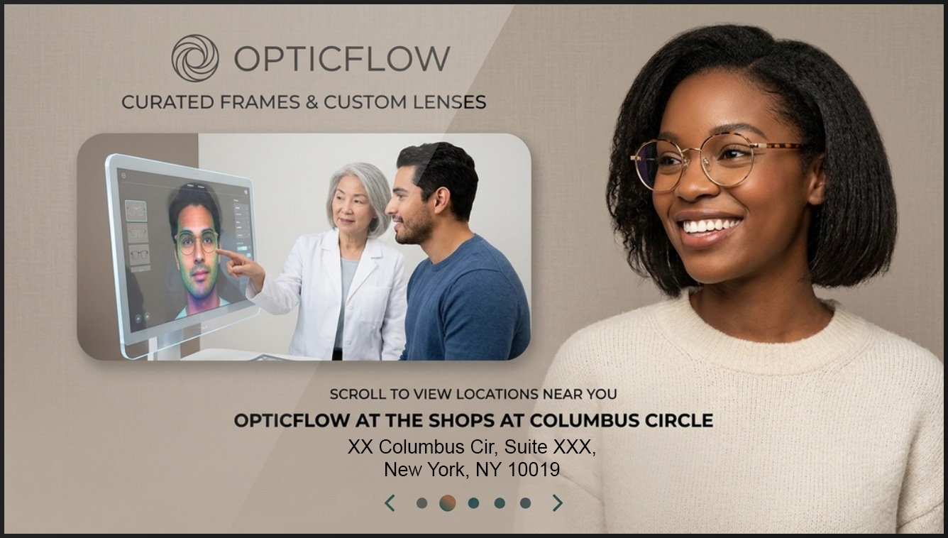 A Connected TV (CTV) advertisement for OpticFlow, a company specializing in "Curated Frames & Custom Lenses." The ad demonstrates a highly personalized, location-based marketing strategy.