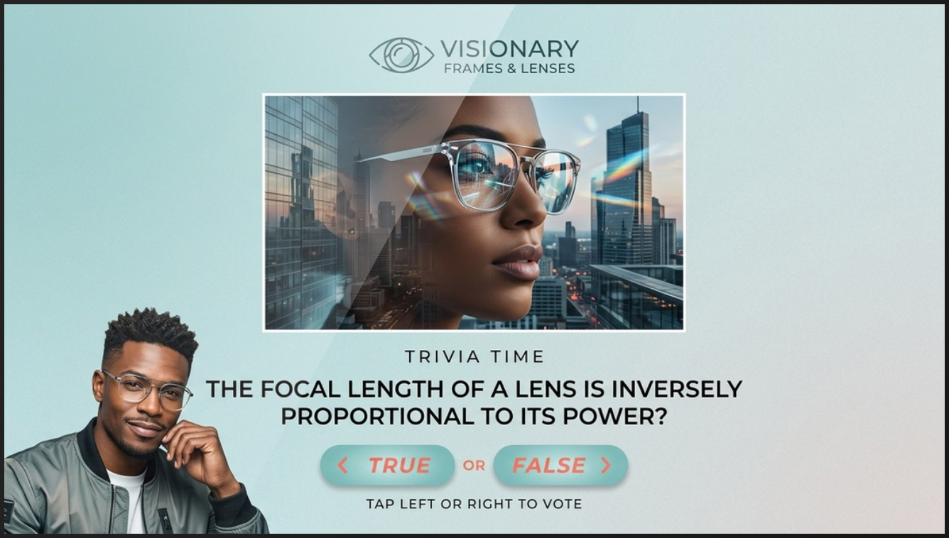 A Gamified Interactive CTV (Connected TV) advertisement for a brand called Visionary Frames & Lenses. Like the previous example, it uses an interactive trivia mechanic to capture viewer attention on a television screen.