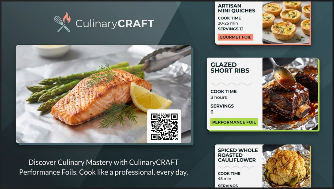 A Pause Ad Gallery for a brand called CulinaryCRAFT, specifically promoting their "Performance Foils." This ad format is designed to appear on a Connected TV (CTV) screen when a viewer pauses their content, turning a moment of inactivity into a non-intrusive shopping and discovery experience.