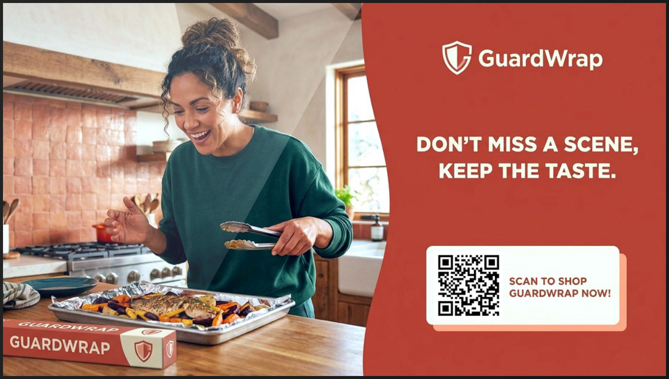 A Pause Ad Spotlight Plus for a brand called GuardWrap, specializing in protective food wraps and foils. This advertisement is specifically designed for Connected TV (CTV) to engage viewers during a pause in their content.